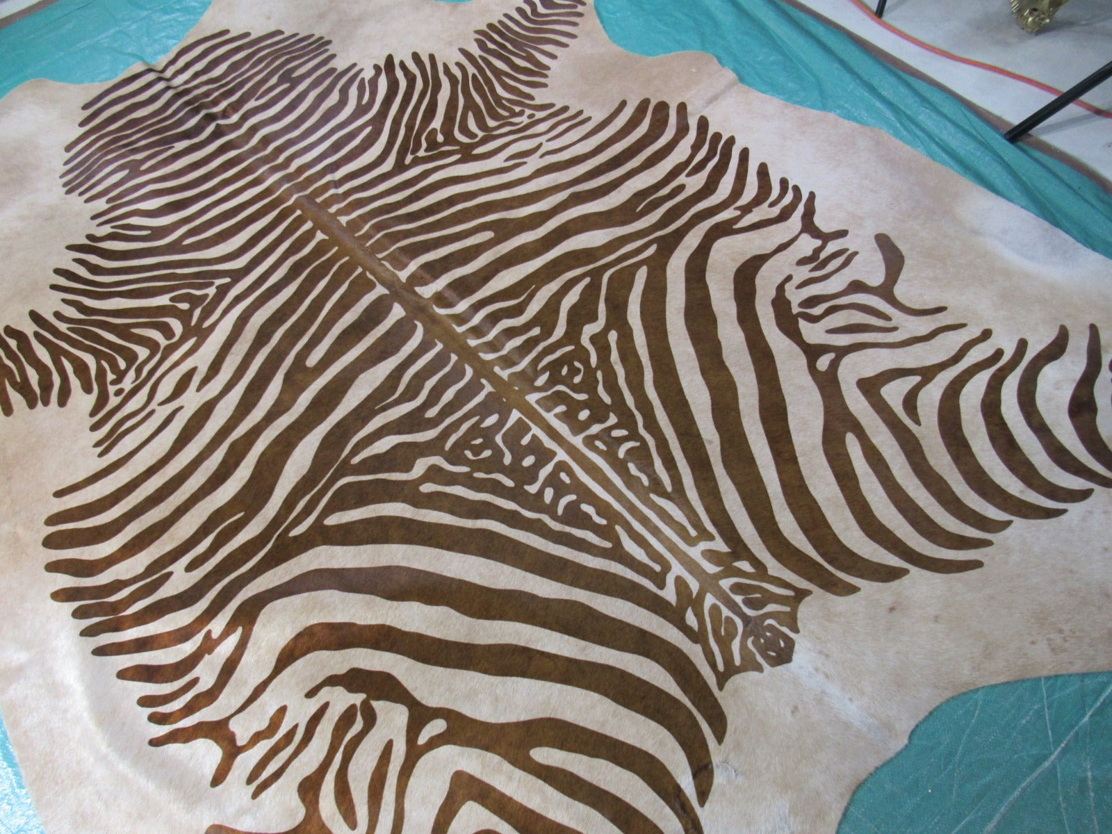 Brown Stripe Zebra Cowhide Rug (light beige background/  fire brand) Size: 7.2x6.2 feet M-1434