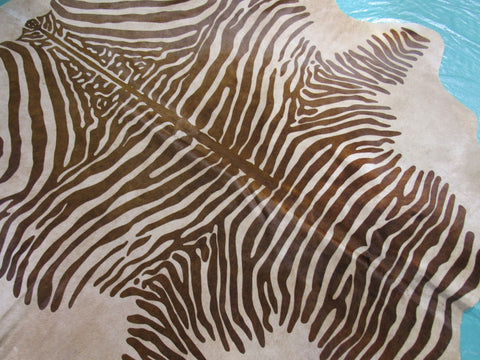 Brown Stripe Zebra Cowhide Rug (light beige background/  fire brand) Size: 7.2x6.2 feet M-1434