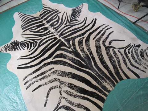 Vintage Zebra Cowhide Rug (background is very light beige) Size: 7.2x6.2 feet M-1442