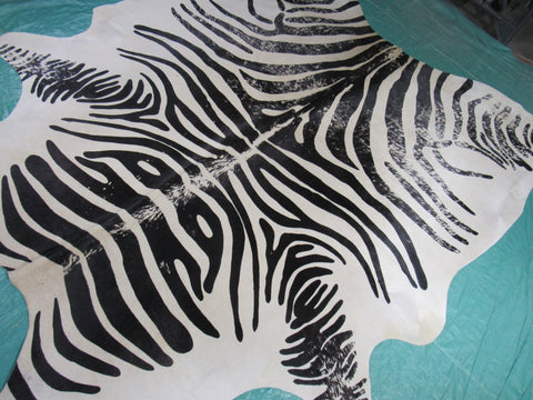 Vintage Zebra Cowhide Rug (background is very light beige) Size: 7.2x6.2 feet M-1442