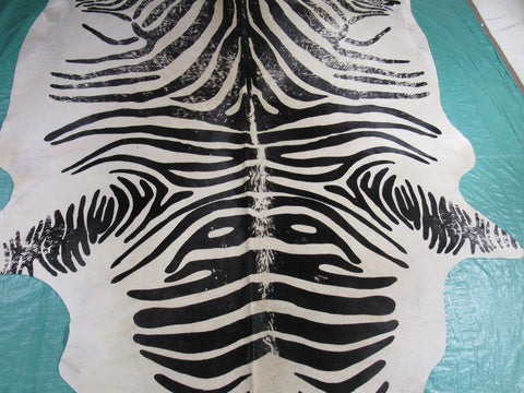 Vintage Zebra Cowhide Rug (background is very light beige) Size: 7.2x6.2 feet M-1442