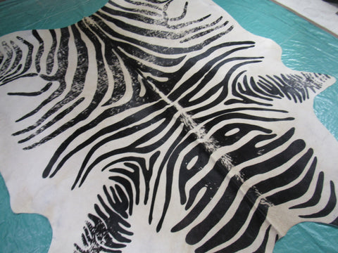 Vintage Zebra Cowhide Rug (background is very light beige) Size: 7.2x6.2 feet M-1442