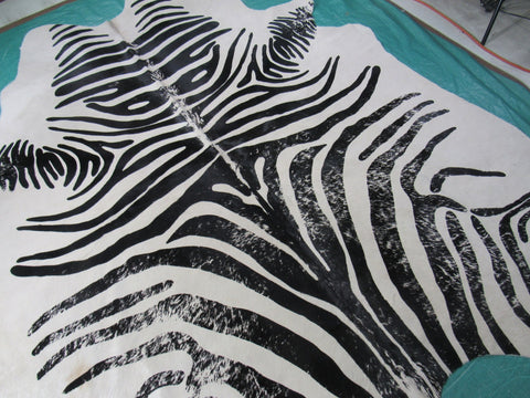 Vintage Zebra Cowhide Rug (background is very beige + 2 patches + 1 stitch) Size: 7x6 feet M-1443