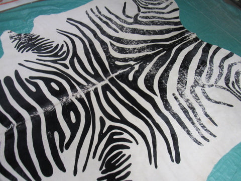 Vintage Zebra Cowhide Rug (background is very beige + 2 patches + 1 stitch) Size: 7x6 feet M-1443