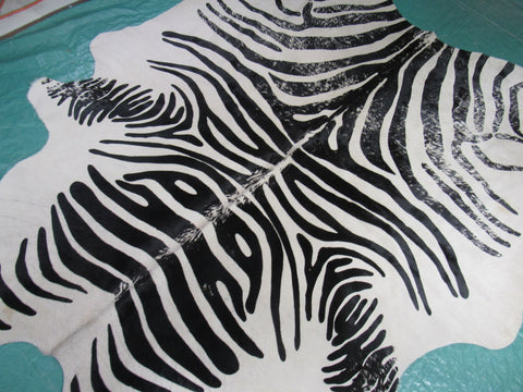 Vintage Zebra Cowhide Rug (background is very beige + 2 patches + 1 stitch) Size: 7x6 feet M-1443