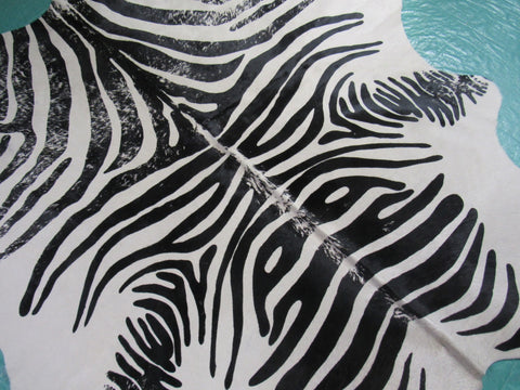 Vintage Zebra Cowhide Rug (background is very beige + 2 patches + 1 stitch) Size: 7x6 feet M-1443