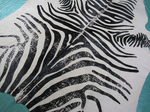 Vintage Zebra Cowhide Rug (background is very beige + 2 patches + 1 stitch) Size: 7x6 feet M-1443