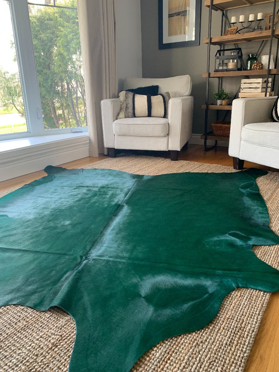 Green Cowhide Rug/ Green Dyed Brazilian Cowhide/ Dyed Emerald Green Cowhide Rug - Size : 7 x 7 1/4 FT