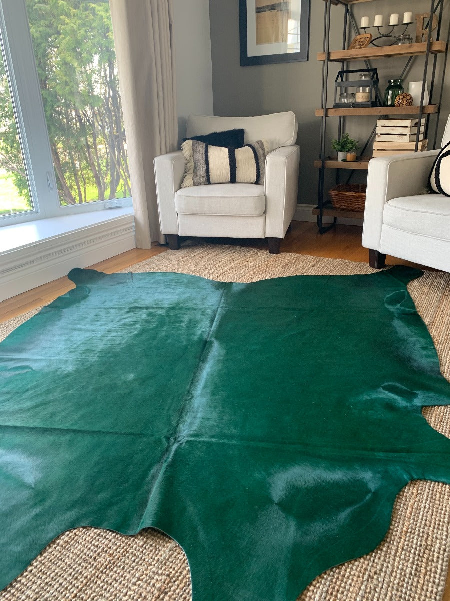Green Cowhide Rug/ Green Dyed Brazilian Cowhide/ Dyed Emerald Green Cowhide Rug - Size : 7 x 7 1/4 FT