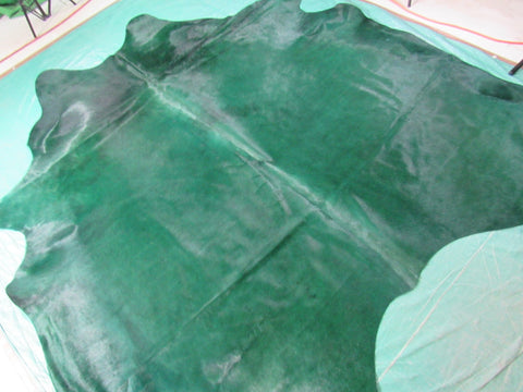 Dyed Emerald Green Cowhide Rug (hard to see fire brands - numbers/ patch) Size: 7 1/2x7 1/4 feet C-1437