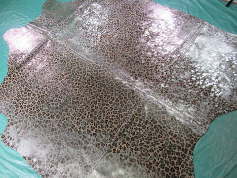 Leopard Print Cowhide Rug with Silver Metallic Acid Washed Size: 6.5x6 feet C-1439