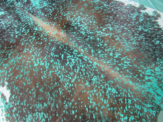 Gorgeous Brown Cowhide Rug with Green Turquoise Dyed & Acid Washed Size: 7 1/4x6 1/4 feet C-1444