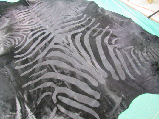 Black Dyed Cowhide Rug with Acid Washed Zebra Stripes - Size: 7.5x6.5 feet M-1458