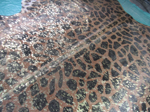 Giraffe Print Cowhide Rug with Gold Metallic Acid Washed Size: 7 3/4x6 3/4 feet C-1446