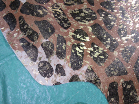 Giraffe Print Cowhide Rug with Gold Metallic Acid Washed Size: 7 3/4x6 3/4 feet C-1446