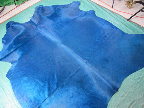 Dyed Blue Cowhide Rug (awesome color, beautiful shine, 1 stitch) Size: 7.2x7 feet C-1699