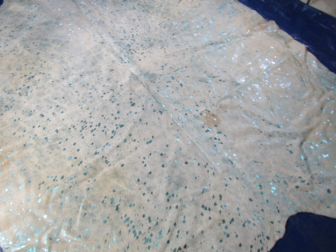 Turquoise Metallic Cowhide Rug (background is offwhite with beige) Size: 8x6.7 feet O-1142