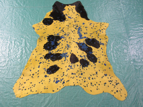 Dyed Yellow Calf Skin Rug with Blue Acid Washed Size: 34x34 inches # C-1463