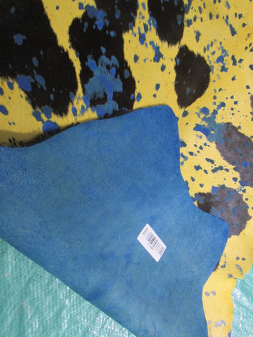 Dyed Yellow Calf Skin Rug with Blue Acid Washed Size: 34x34 inches # C-1463