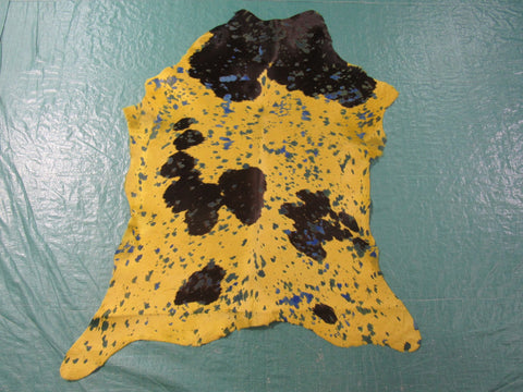 Dyed Yellow Calf Skin Rug with Blue Acid Washed Size: 37x32 inches # C-1464