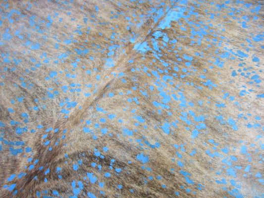 Brown Brindle with Turquoise Acid Wash Devore Cowhide Rug - Size: 8x7 feet M-1504