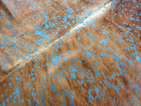 Exotic Brindle Cowhide Rug with Turquoise Acid Wash Size: 7x6 feet M-1505