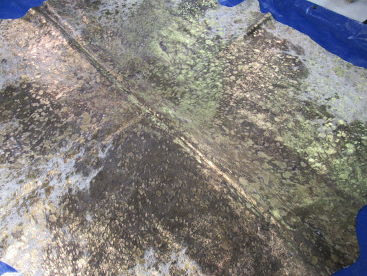 Brown & White Cowhide Rug with Bronze Metallic Acid Washed Size: 8.2x6.5 feet O-1153