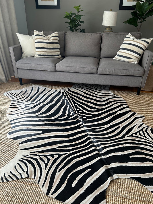 Tapis en cuir de vachette véritable à imprimé zèbre Taille moyenne : 7X6 pieds