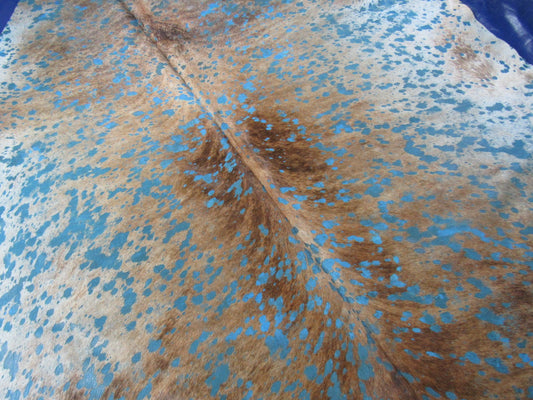 Medium Brindle with Turquoise Acid Washed Devore Cowhide Rug - Size: 7x6.5 feet M-1539