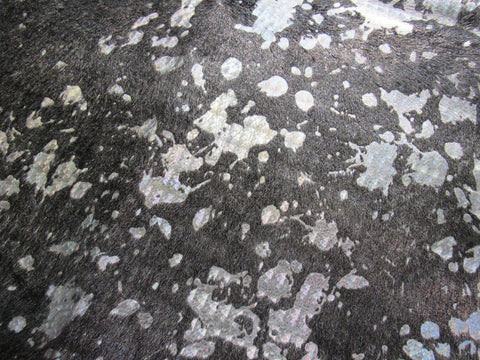 Dyed Black Metallic Silver Acid Washed Cowhide Rug - Size: 7x6.2 feet C-1708