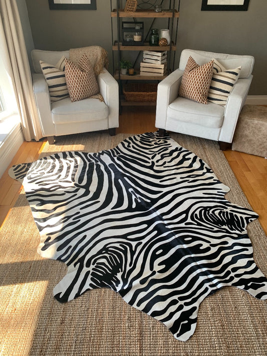 Upholstery Zebra Cowhide Rug - Zebra Print Cowhide Rug ~7 1/2' X 6'