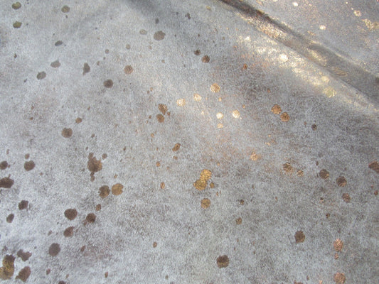 Natural Grey & Black Cowhide Rug with Bronze Metallic Acid Wash - Size: 8x6.7 feet K-264