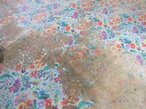 Floral Acid Washed Cowhide Rug - Size: 8x7 feet M-1588