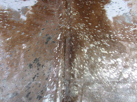 Brown & White with Silver Metallic Acid Washed Cowhide Rug - Size: 7.5x6.2 feet O-1172