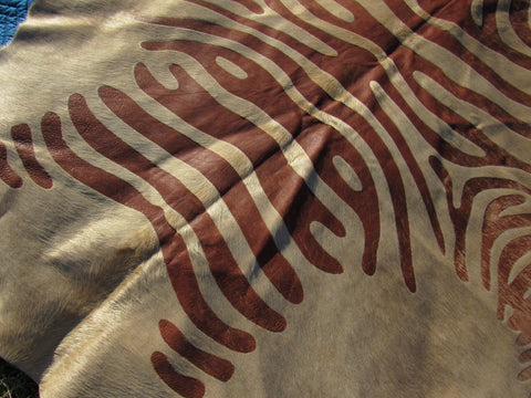 Vintage Beige Zebra Print Cowhide Rug with Acid Washed Stripes Size: 7 3/4' x 7' C-1497