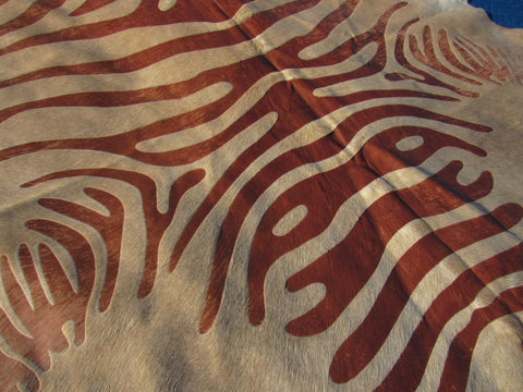 Vintage Beige Zebra Print Cowhide Rug with Acid Washed Stripes Size: 7 3/4' x 7' C-1497