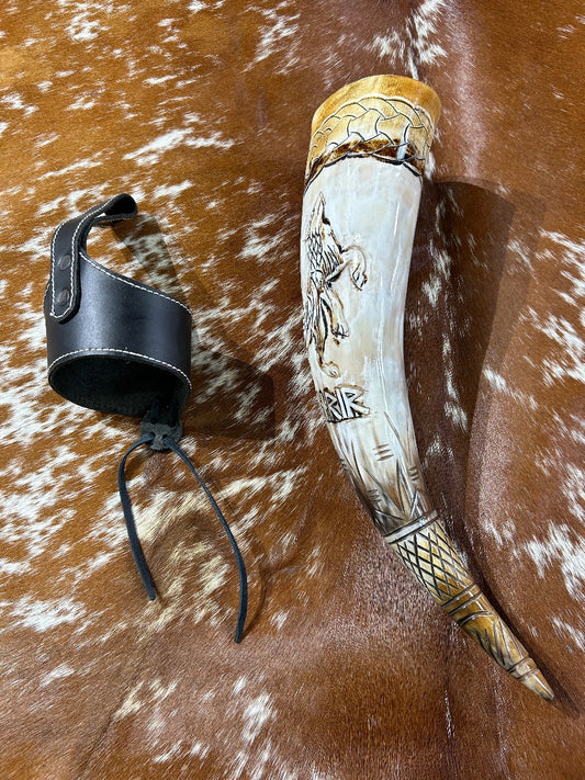 Viking Drinking Horn - Wolf Scrimshaw Viking Drinking Mug Leather Holster Included