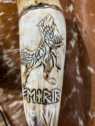 Viking Drinking Horn - Wolf Scrimshaw Viking Drinking Mug Leather Holster Included