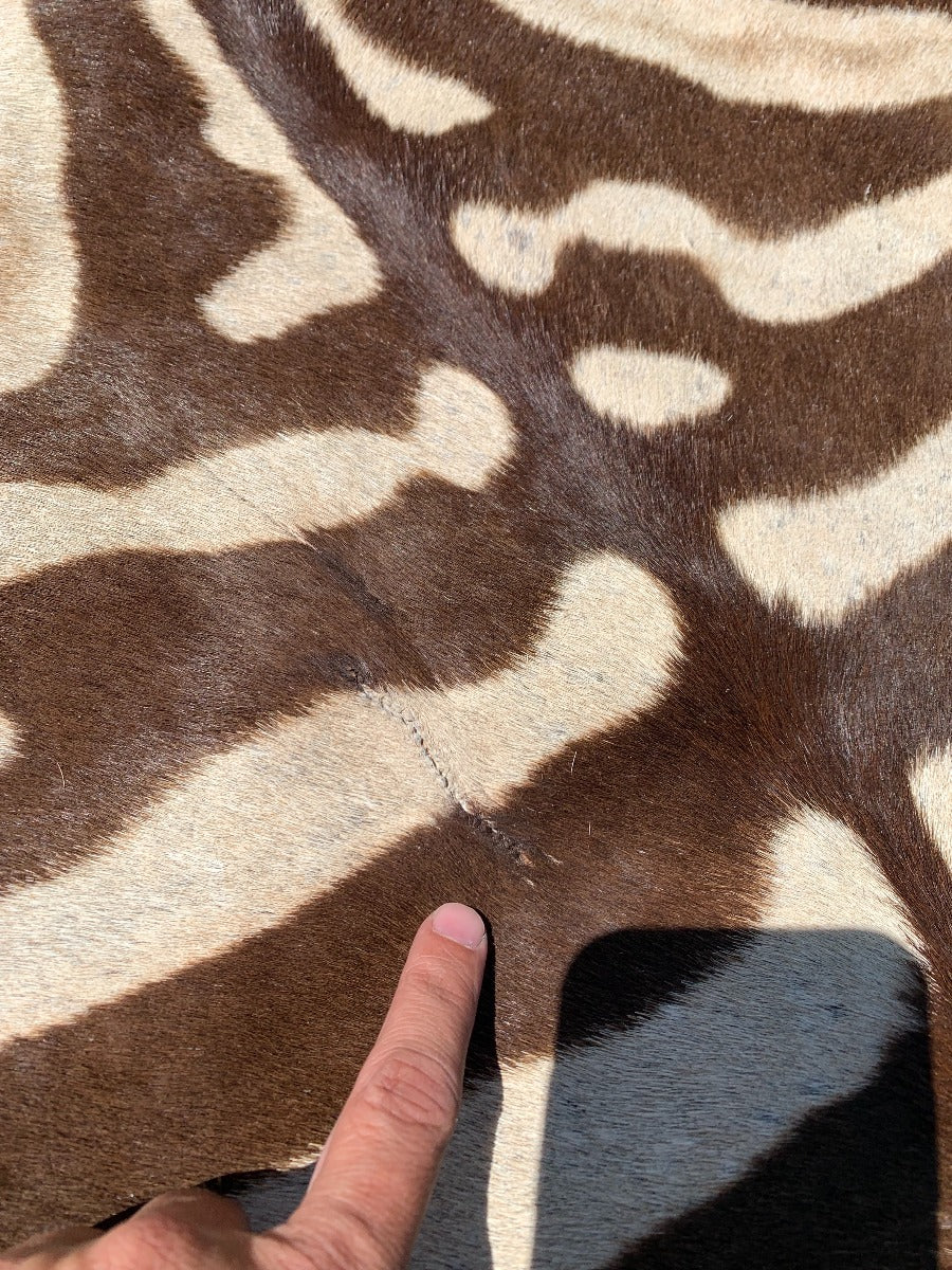 Beautiful Brown Stripe Zebra Skin Rug # 104 (A few stitches, Tail is 29") Size: 8x6 feet