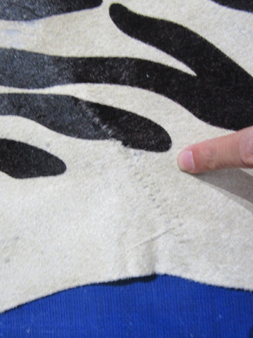Zebra Print Cowhide Rug Rough Quality (neck has some yellow lines/ stitch) Size: 7.7x7 feet M-1599