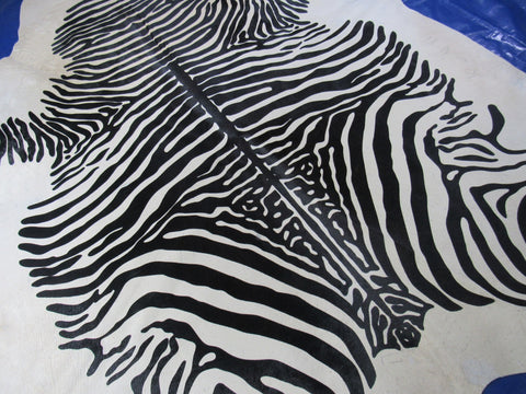 Zebra Print Cowhide Rug Rough Quality (some scars/ light beige background/fire brand) Size: 7.2x6.2 feet M-1600