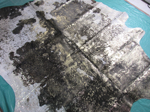 Black & White Cowhide Rug with Gold Metallic Acid Washed (dull gold) Size: 8 1/4x7 feet M-1022