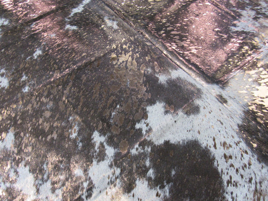 Black & White Cowhide Rug with Bronze Metallic Acid Washed Size: 7 1/2x6 1/4 feet O-1019