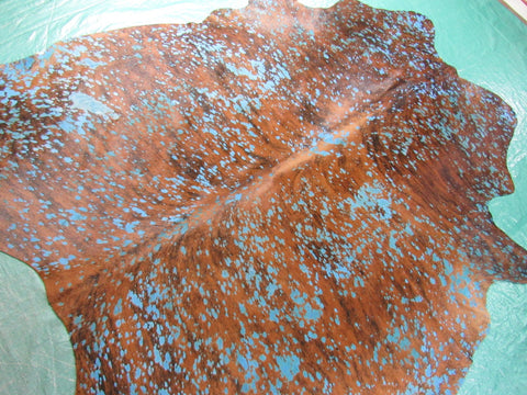 Brown Brindle with Turquoise Acid Wash Devore Cowhide Rug - Size: 6.5x6 feet M-1024