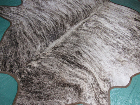 Grey Brindle Cowhide Rug with Brown Border Size: 7x6 3/4 feet M-1027