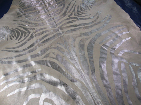 Silver Metallic Zebra Cowhide Rug (rough quality/ stripes are distressed) Size: 8x6.2 feet O-288