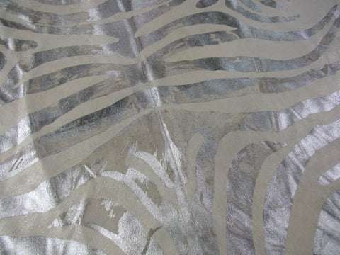 Silver Metallic Zebra Cowhide Rug (rough quality/ stripes are distressed) Size: 8x6.2 feet O-288