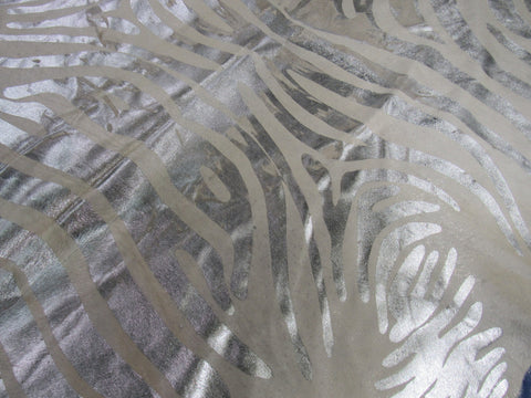 Silver Metallic Zebra Cowhide Rug (rough quality/ stripes are distressed) Size: 8x6.2 feet O-288