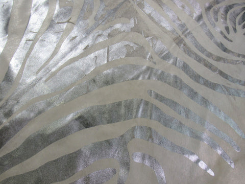 Silver Metallic Zebra Cowhide Rug (rough quality/ stripes are distressed) Size: 8x6.2 feet O-288