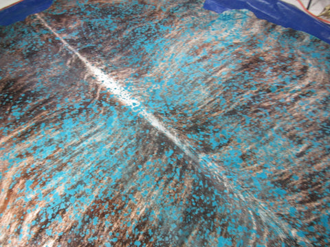 Huge Brindle Cowhide Rug with Turquoise Acid Washed Size: 8.2x7.5 feet C-1761